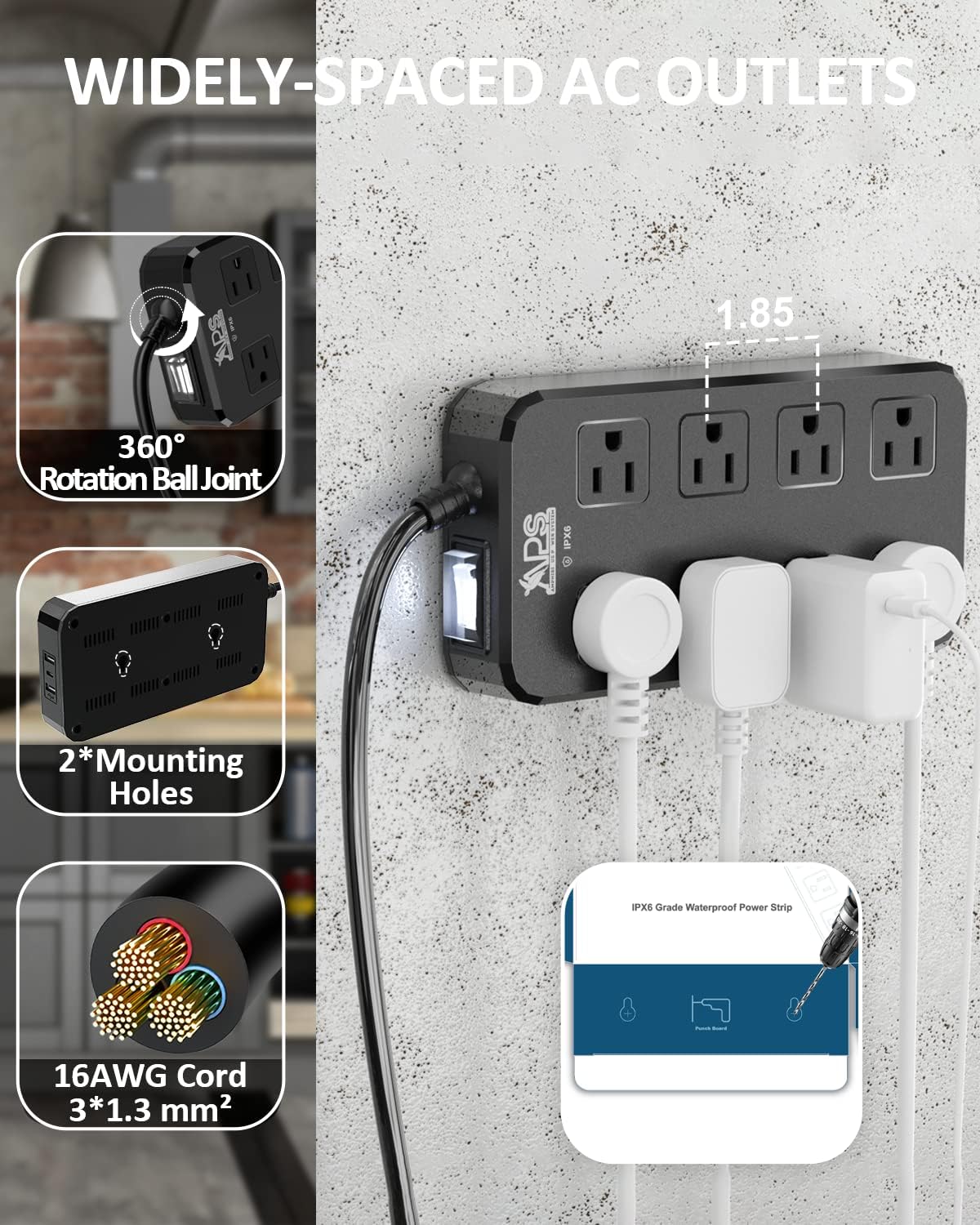 Outdoor Power Strip Weatherproof, Waterproof Surge Protector with 8 Wide Outlet with 3 USB Ports, 10FT Extension Cord,1875W Overload Protection,Outlet Extender for Christmas Lights ETL Listed Black