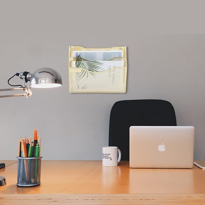 EASEPRES 3 Pocket Mesh Hanging Wall File Organizer, Wall Mounted Mail Paper Document Folder Holder, Clipboard Storage Organization Magazine Rack with Nametag Label for Office Home School, Gold