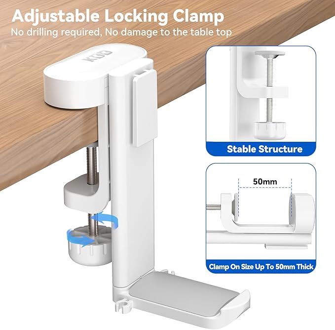 KDD 4 in 1 Desk Cup Holder - Clamp on Under Desk Headphone Hanger - Rotating Headphone Holder Detachable Pen Cup Holder Desk Storage for Cup, Phone and Pen(White)