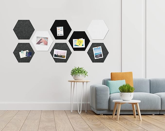 12" Large Bulletin Board with 30 Push Pins, Pack of 8 Hexagon Felt Pin Board Notice Boards for Home Office Kitchen, Felt Wall Tiles for Photos Memos