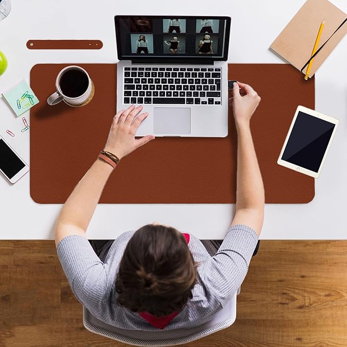 Boutilon Leather Desk Pad 24"x 14" Non-Slip Mouse Pad,Office Desk Mat,Waterprooft PU Leather Desk Blotter,Desk Pad Protector,Desk Writing Pad for Home Office Decor (S-Brown)