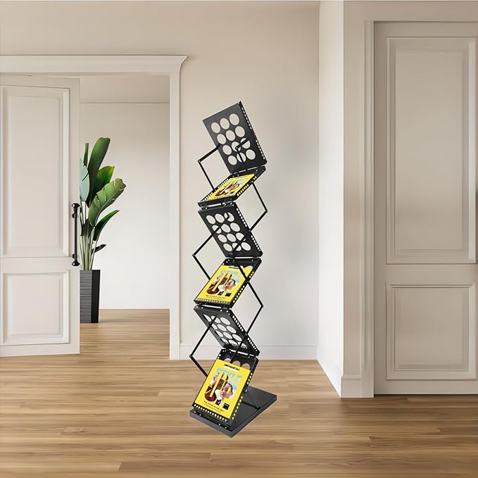 Folding Literature Rack, 6 Pockets Metal Brochure Holder Stand Floor Standing Magazine Rack,Double-sided Display Flyer Holder Stand Literature Stand for Trade Show Office Store Home