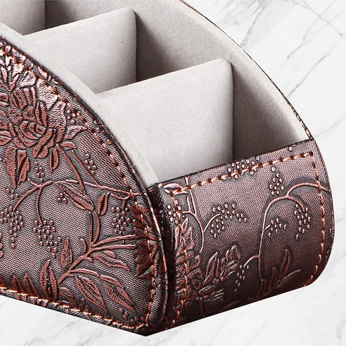 TV Remote Control Holder with 5 Compartments,Pu Leather Remote Caddy/Box/Tray Nightstand Desktop Storage Organizer Store DVD,Blu-Ray,Media Player,Heater Controllers, Makeup Office Supplies