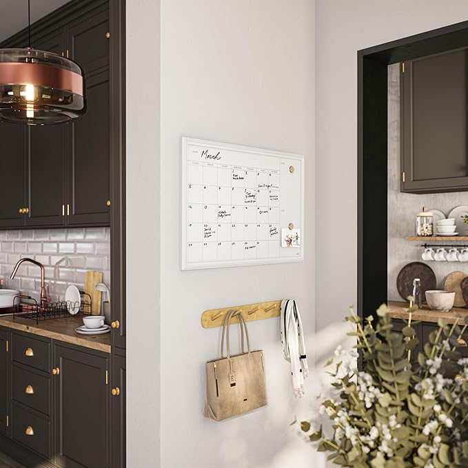 U Brands Magnetic Dry Erase Calendar Board, 30"x20", White Wood Style Frame, Includes Magnets