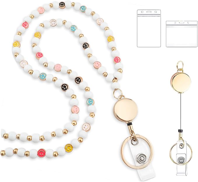 Smile Teacher Lanyard for Women with Retractable ID Badge Reel and Keychain Cute Happy Beads Lanyard