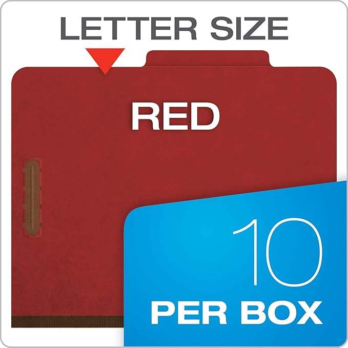 Pendaflex Recycled Classification File Folders, 2 Dividers, 2" Embedded Fasteners, 2/5 Tab Cut, Letter Size, Red (24075R), Specialty, Box of 10