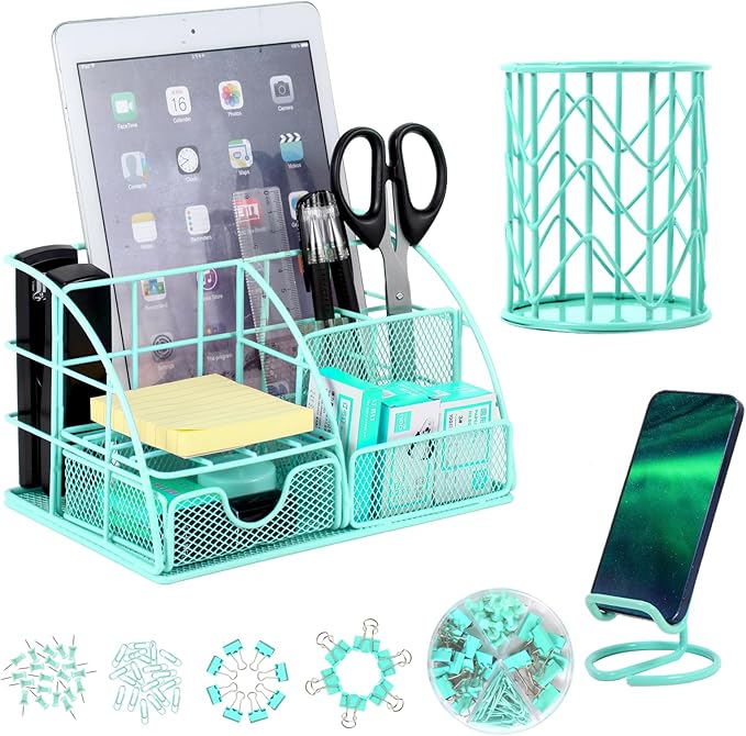 JUOPIEA Desk Organizers and Accessories Office Supplies Organizer with Pen Holder, 72 Clips Set and Phone Stand, Metal Mesh Desktop Organizers with Drawer for Home, Office, School Ect