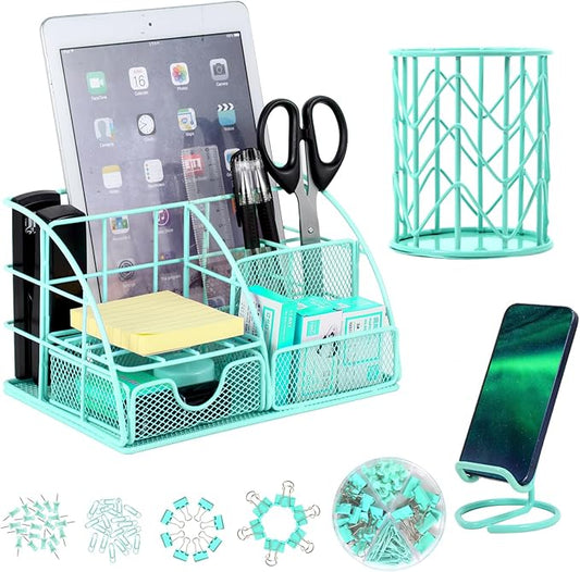 JUOPIEA Desk Organizers and Accessories Office Supplies Organizer with Pen Holder, 72 Clips Set and Phone Stand, Metal Mesh Desktop Organizers with Drawer for Home, Office, School Ect