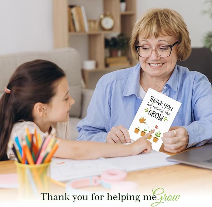 FaCraft Teacher Appreciation Cards, Thank You Cards with Envelopes, 4 x 6, Thank You for Helping Me Grow, for Preschool Kindergarten Teacher Gift Card from Kids Students Daycare (Plant)