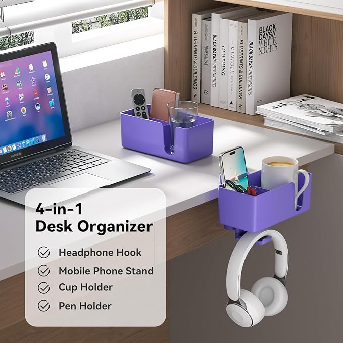 KDD 4 in 1 Desk Cup Holder - Clamp on Under Desk Headphone Hanger - Rotating Headphone Holder Detachable Pen Cup Holder Desk Storage for Cup, Phone and Pen(Purple)