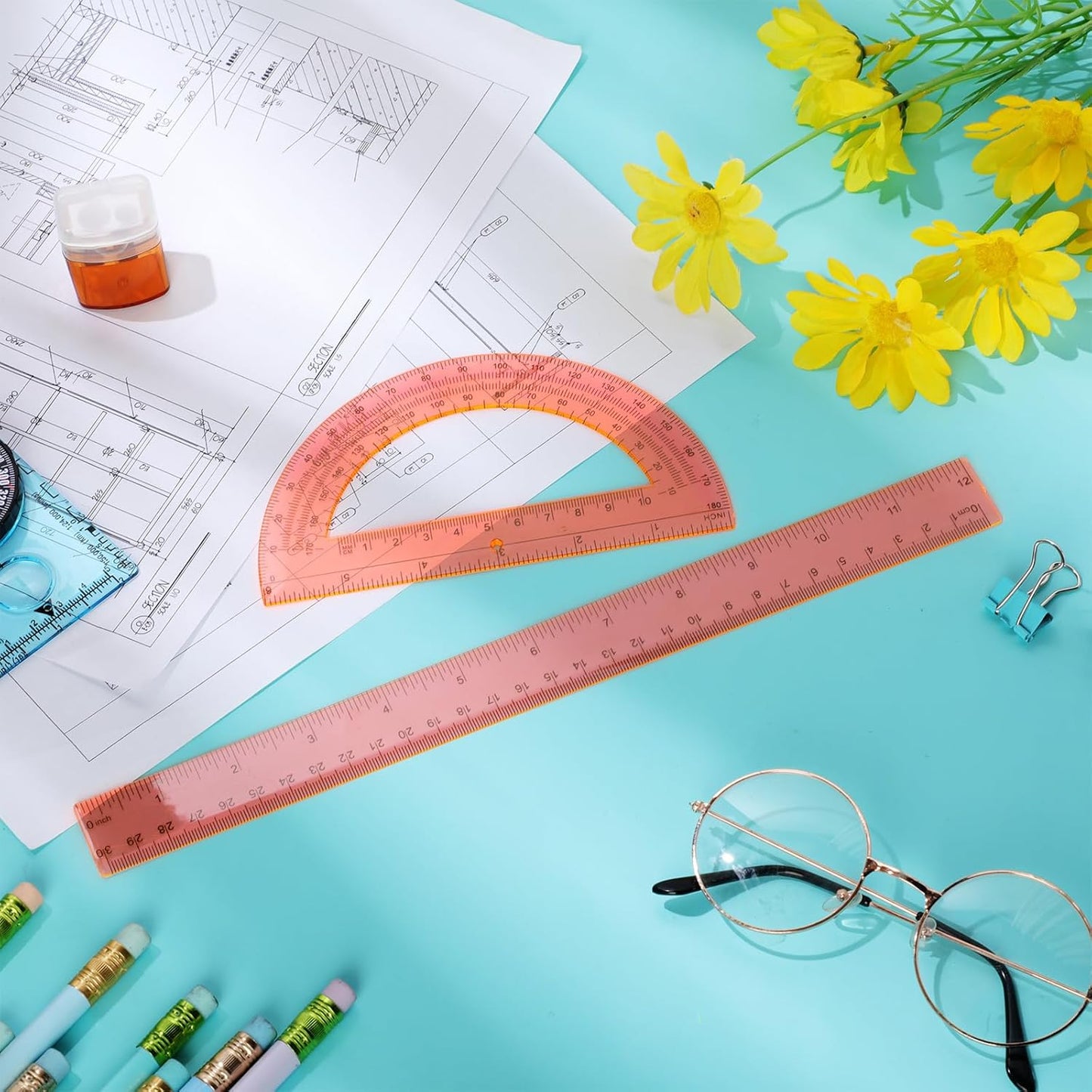 Zonon 2 Pack 12'' Plastic Ruler and 6'' Plastic Protractor Set Clear Ruler Protractor Set Math Geometry Supplies for School Classroom Home Office Drawing(Orange)