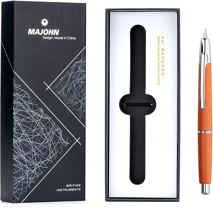 Majohn A2 Press Fountain Pen Extra Fine Nib with Box, Retractable Orange Resin Ink Pen with Converter Writing Pen Set (Silver Clip Version)
