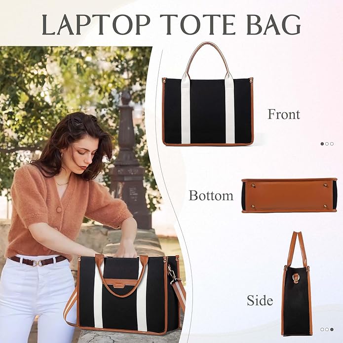 RAVUO Laptop Tote Bag Women, Water Resistant 15.6 Inch Large Canvas Handbag Business Briefcase With Detachable Shoulder Strap