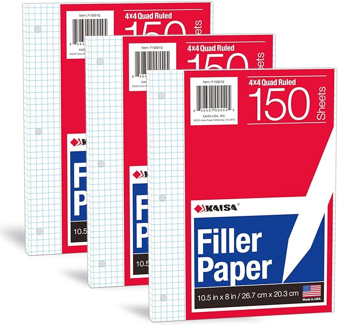 KAISA Loose Leaf Paper Filler Paper, 8"x10.5" Graph Ruled/Quad Rule Filler Paper 3-Hole Punched, Loose-Leaf Paper for 3-Ring Binders,150sheet/pack, 3pack F15001Q