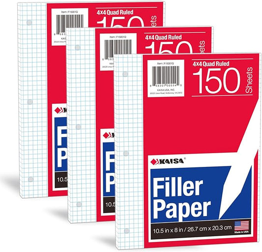 KAISA Loose Leaf Paper Filler Paper, 8"x10.5" Graph Ruled/Quad Rule Filler Paper 3-Hole Punched, Loose-Leaf Paper for 3-Ring Binders,150sheet/pack, 3pack F15001Q
