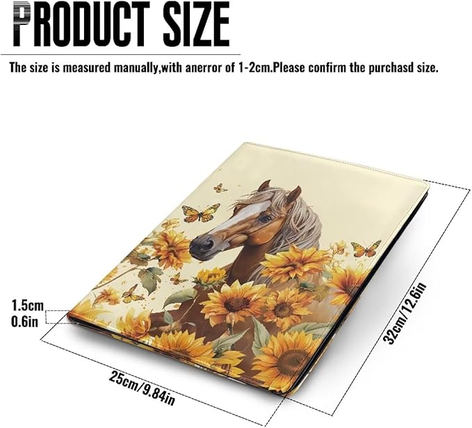 Office Folder Sunflower Horse Butterfly Print PU Leather Padfolio with A4 Size Clipboard Clip for Business Resume Interview Document Sleeve Binder Folder