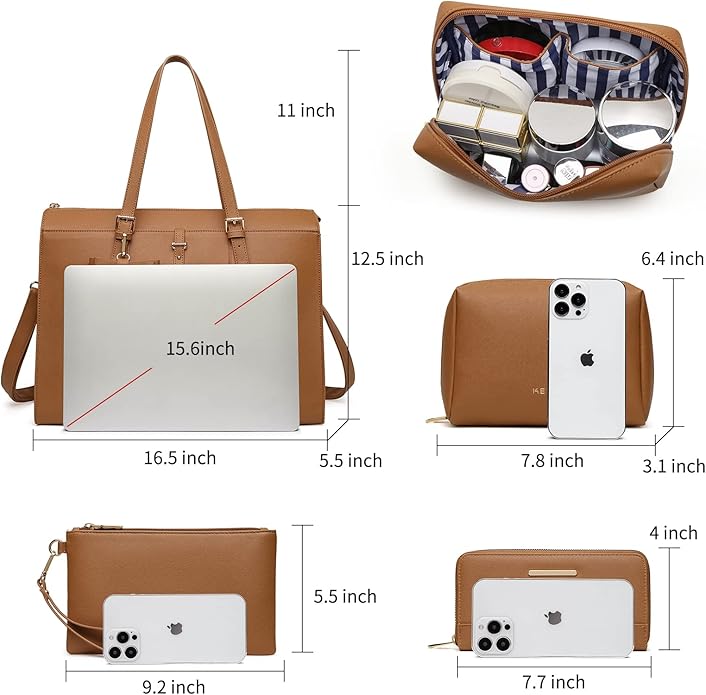 Keyli 4pc Sets Laptop Bag for Women Large Leather Laptop Briefcase with USB Charging Port Computer Shoulder tote Bags Purse