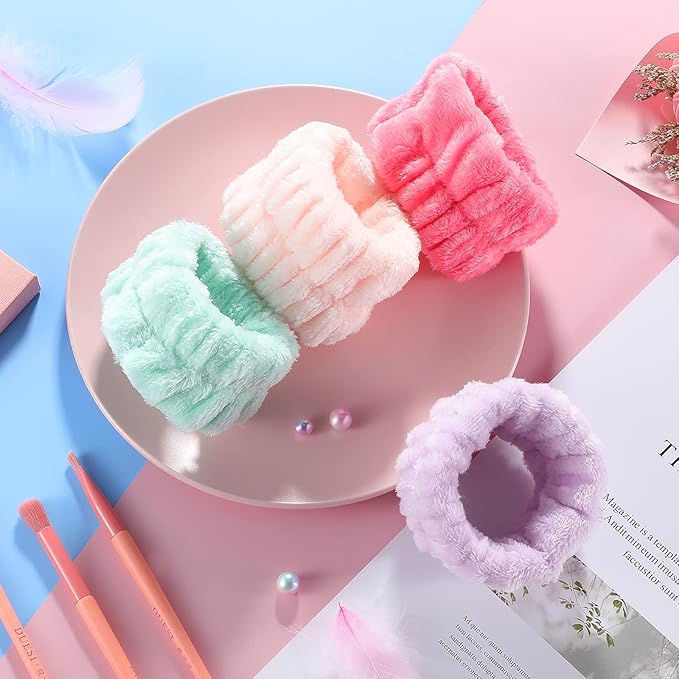 Chuangdi 4 Pairs Wrist Bands for Washing Face Wrist Spa Microfiber Wash Towel Band Scrunchies Absorbent Wristbands Sweatband for Women Prevent Liquid from Spilling