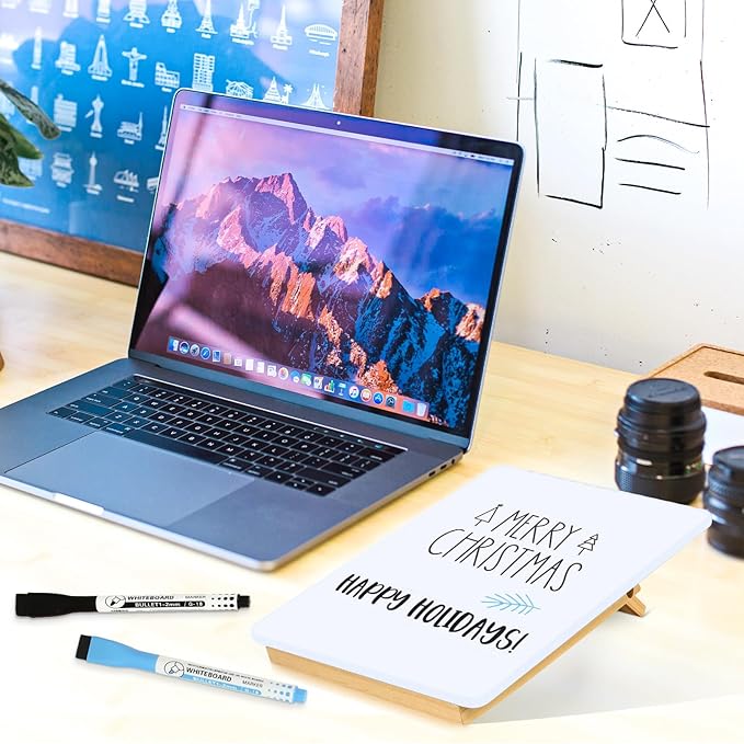 WALGLASS Desktop Glass White Board 9.5"x 6.7" with Reversible Wood Stand, Small Dry Erase Board, Portable Whiteboard for Desk, Reusable Desk Notepad with 2 Markers&Eraser for Home, Office