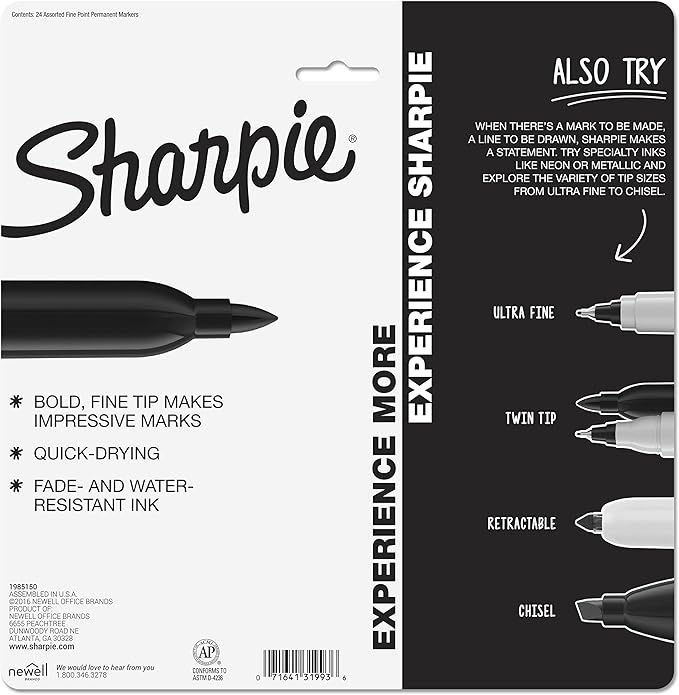 Sharpie Electro Pop Permanent Markers, Fine Tip Marker Set, Coloring Markers, Drawing Markers, Writing Markers, Assorted Colors Art Markers, 24 Count