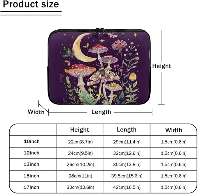 Mushroom Laptop Protective Sleeve for Girls Boys 12 inch Laptop Covers with Large Capacity Lap Top Case Lightweight Computer Sleeve Bag Suitable Gifts for Holidays Tablet Bag Moon