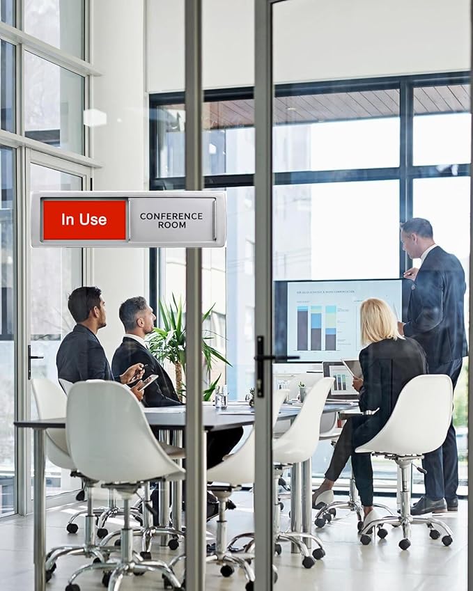 Conference Room In Use/Available Sign, Vacant Occupied Door Sign for Home Office Restroom,Non-Scratch Magnetic Privacy Slider Door Signs Tells Whether Room Vacant or Occupied, Silver, 7'' x 2''
