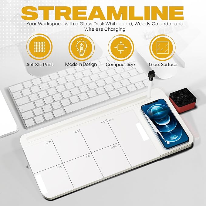 NEXTLUXE Glass Desk Whiteboard with Wireless Charger - Desktop Whiteboard with Storage, Weekly Planner, Dry Erase Pad, Organizer Drawer for Home, School, Office Gadgets – White