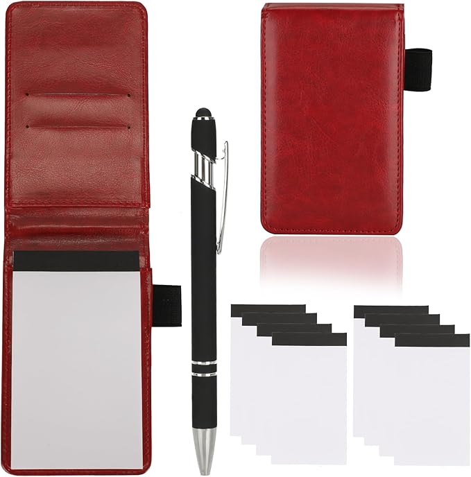 Camelmother 10Pocket Notebook Small Notepad Holder Set 3 x 5 Inch with Pen Small notebooks note pads Leather Notepad (red plain)