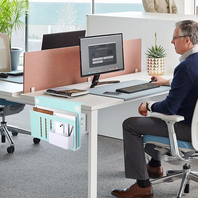 LUKETURE Desk Side Storage, Steel Hanging Organizer, No Drill Laptop Holder with Pen Holder, Side Desk Organizer, Space Saving Table Accessories for Home Office Workspacee (Blue, M(1 Tier))