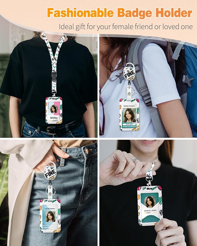 Uniclife Fashionable Sliding Badge Holder Graffiti Plastic Case with Retractable Badge Reel Carabiner Clip & Detachable Lanyard Strap Embossed Vertical Card Protector for Women Nurse Teacher Student