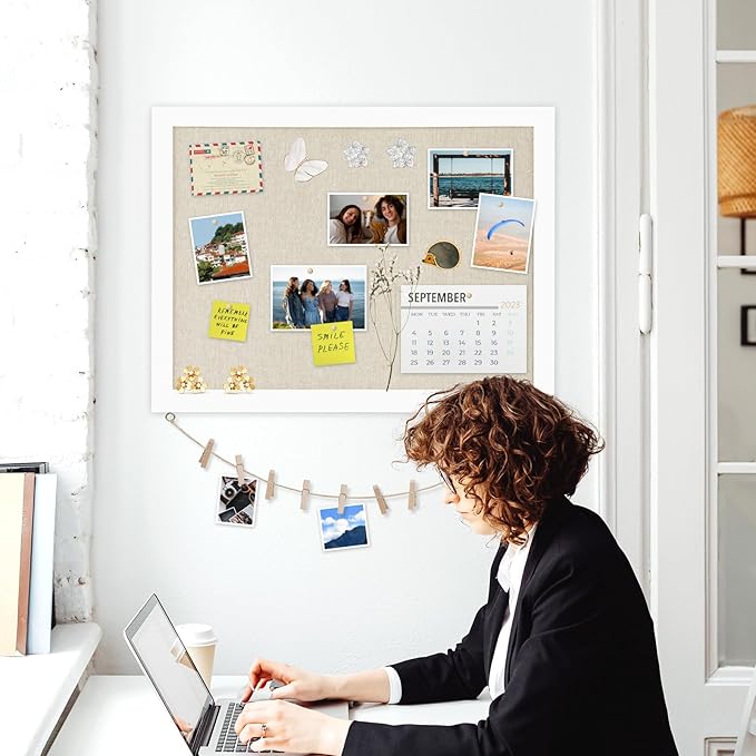 Double-Sided Large Cork Board with Linen, 24" x 18" Hanging Wood Framed Bulletin Board, Picture Display Vision Board Corkboards for Wall Room School Office Decor, 20 Pushpins,1pack