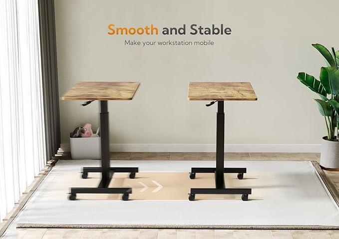Mobile Standing Desk, Small Rolling Standing Desk, Mobile Desk Workstation with Wheels, Pneumatic Mobile Laptop Desk for Home Office with Hook, Rustic Brown