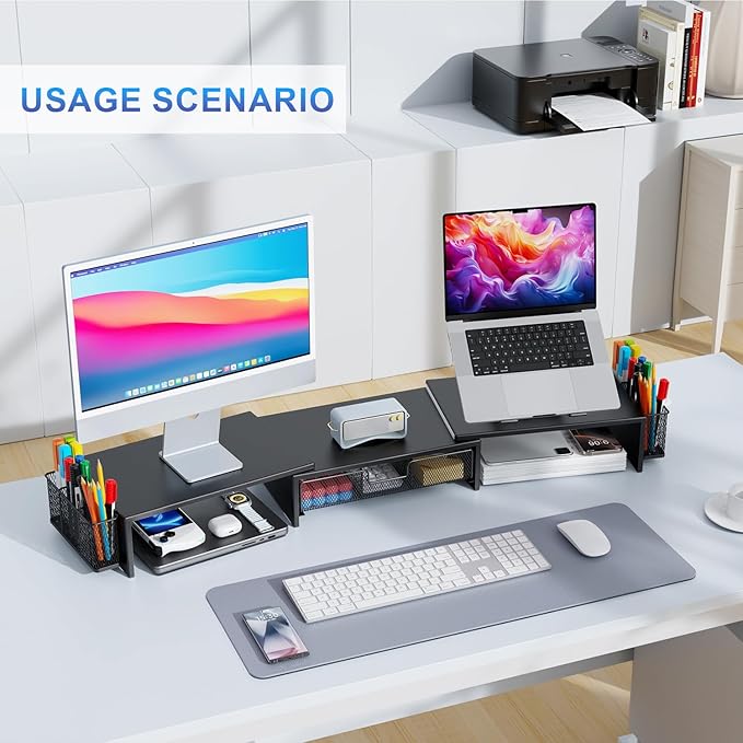 gianotter Dual Monitor Stand Riser, Desk Organizer With Drawer and 2 Pen Holders, Computer Monitor Stand, Desk Shelf for Top of Desk, Balck