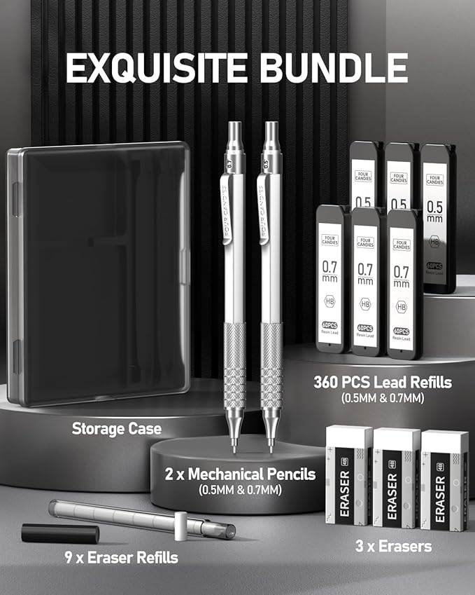 Four Candies 2PCS Metal Mechanical Pencils Set with Case, 0.5mm & 0.7 mm Artist Pencil with 6 Tubes (360PCS) HB Lead Refills, 3 Erasers,9 Eraser Refills For Writing Drafting, Drawing, Silver
