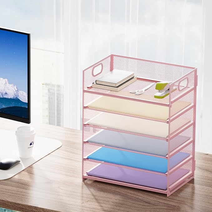 Marbrasse 6 Tier Paper Organizer Letter Tray - Mesh Desk File Organizer with Handle, Paper Sorter Organizer for Letter/A4 Office File Folder Holder - Pink
