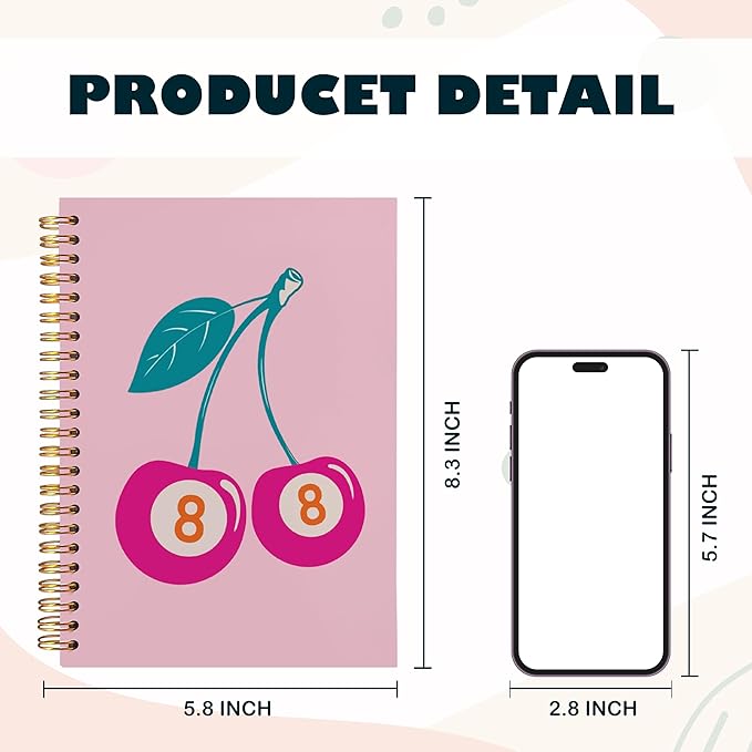 BearCake Funky Retro Preppy journal Pink Lucky 8 Ball Cherry Notebook, pink notebook, Pink Office Supplies, light pink notebook, Pink Desk Accessories, Pink Hardcover Spiral Notebook 5.5x8.3