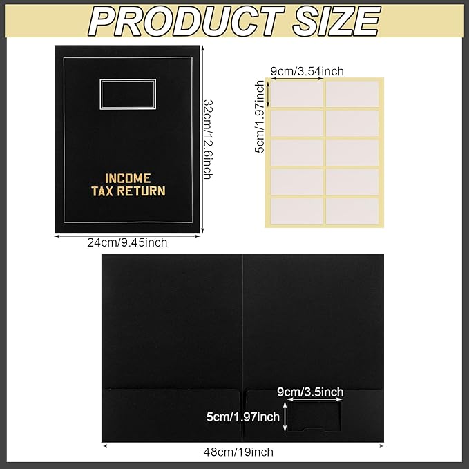 Kisston 50 Pcs Tax Return Folders Bulk 2 Pocket Gold Foil Stamped Income Tax Folders with Blank Labels Business File Office Organizer (Black)
