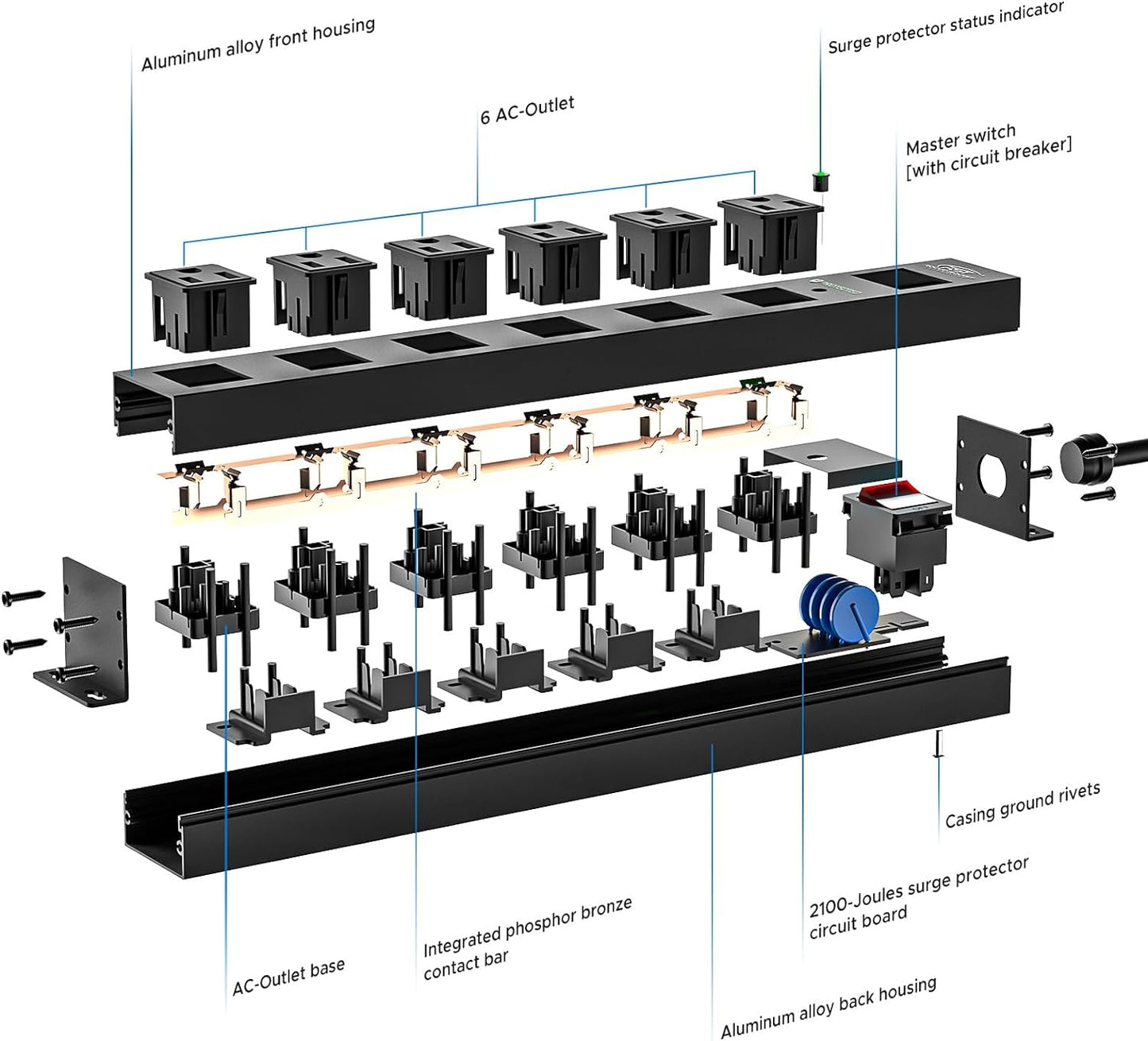CRST 6 Outlet Heavy Duty Power Strip with Switch, 15A/1875W Metal Mountable Power Strip Surge Protector 2100Joules, Wide Spaced Power Bar for Garage Worshop Home School, 6 FT Cord