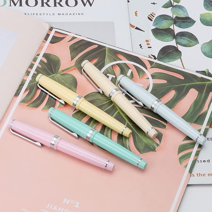 Jinhao 82 Pink Acrylic Fountain Pen, Iridium Fine Nib Classic Design Smooth Writing Pen with Ink Converter (Silver Trim)