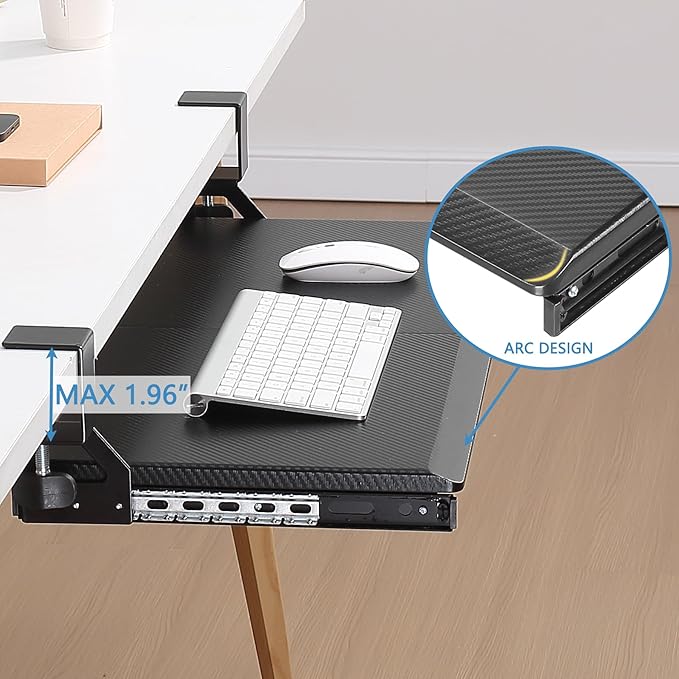 ETHU Keyboard Tray Under Desk, 26.8" x 12.2" Pull Out Steel Smooth Glide Sliding Keyboard Drawer, C Clamp Computer Keyboard Stand Ergonomic Desk Extender Tray for Home Office(Carbon)
