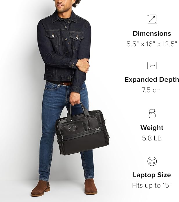 TUMI Alpha Expandable Organizer Laptop Briefcase - 15-Inch Laptop Briefcase Organizer for Men & Women - Travel Laptop Bag - Black Leather
