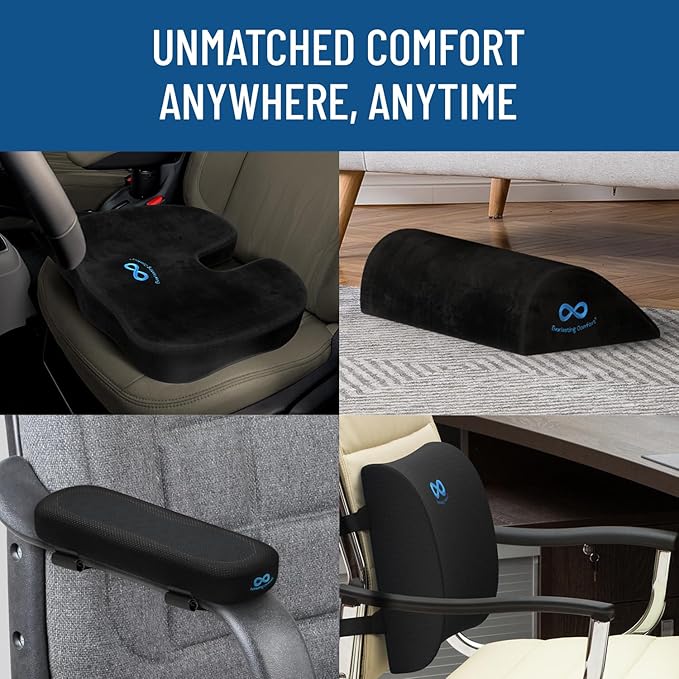 Everlasting Comfort Seat Cushion, Back Cushion, Foot Rest, Arm Rest Pads - Complete Office Setup - Memory Foam Chair Cushions for All-Day Comfort