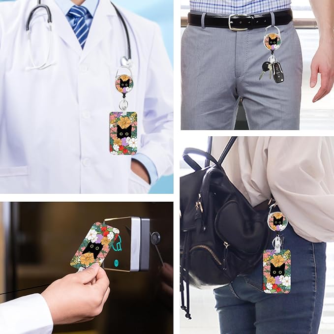 Cute Cat Hidden in The Flowers Badge Holder with Retractable Reel and Breakaway Lanyard,Badge Clips Retractable Heavy Duty Badge Reel,ID Holder with Breakaway Lanyard for School Nurse Office Teen 