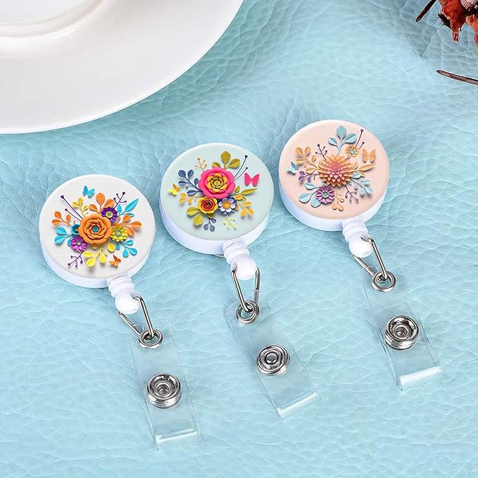 Retractable ID Badge Holder Nurse Badge Reels with Clip Name Card Holders for Office Worker Doctor Nurse 3Pack Pretty Flowers