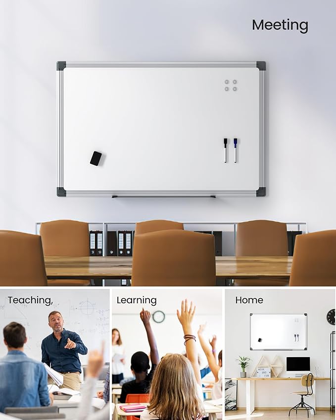 VUSIGN Magnetic White Board Kit for Wall 36" x 24", 1 Dry Eraser & 2 Multicolor Markers & 4 Magnetic Pins, Sliver Reinforced Aluminum Frame for Home, School, Office