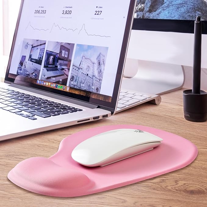 JIKIOU Mouse Pad, 2 Pack Ergonomic Mouse Pads with Comfortable Gel Wrist Rest Support and Lycra Cloth, Non-Slip PU Base for Easy Typing Pain Relief Durable and Easy to Clean Small Pink