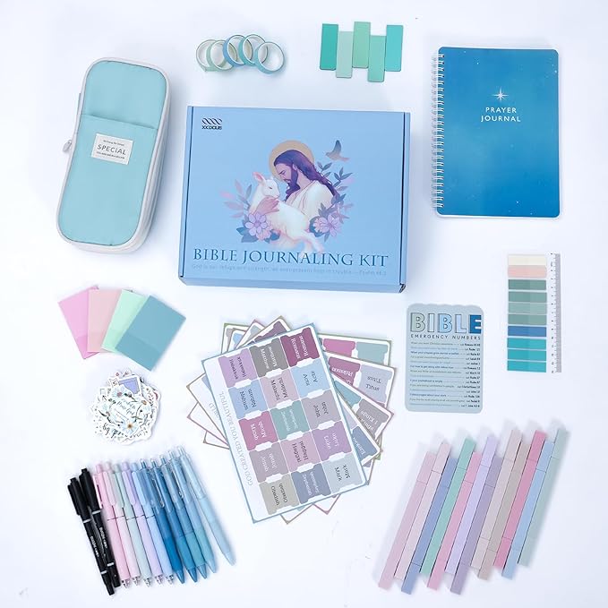 XKDOUS Bible Study Supplies Journaling Kit for Women, Bible Study Kit, Bible Study Tools with Prayer Journal Pencil Case Bible Accessories, Christian Gifts for Women, Blue