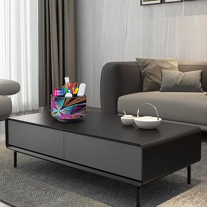 Remote Control Holder Round Leather Art Supply Organizer, PU Leather Pencil Stationery Desk Storage Makeup Organizer for Heater Controllers TV Remotes, 4 Compartments, 360 Degree Spinning