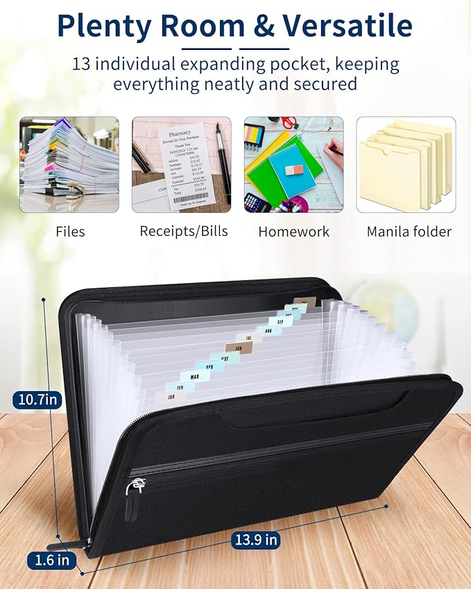 Sooez Heavy Duty Accordion File Organizer with Hidden Handle, Portable 12 Pockets Expanding File Folders, Cloth Monthly Bills Receipt Organizer for Letter/A4, School Classroom Home & Office Supplies