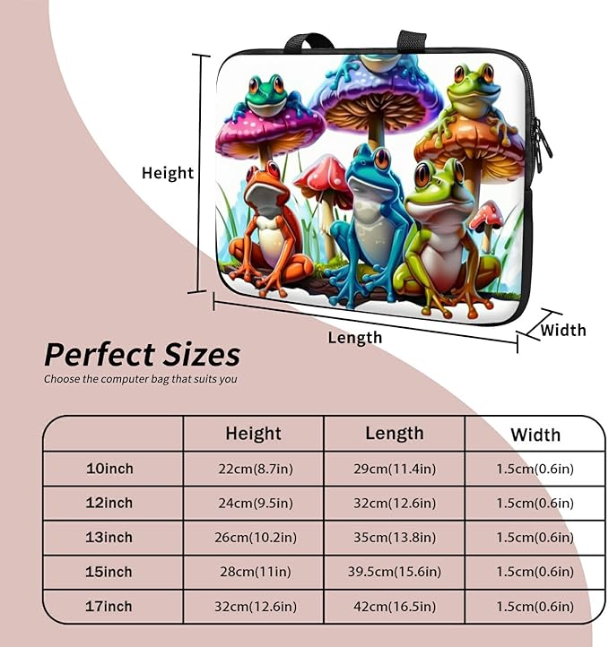 Laptop Sleeve Case Bag 13 inch, Color Frog Mushrooms Slim Carrying Case Durable Handbag Travel Laptop Bag for 13 inch MacBook Air M3/M2/Pro M2/ 13" iPad Pro/Air M4/M2 2024